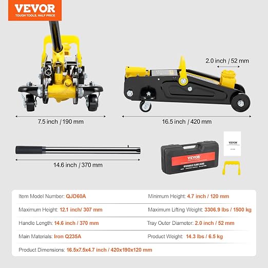 VEVOR Low Profile Floor Jack 1.5 Ton (3300 lbs), Heavy Duty Iron Hydraulic Racing Floor Jack, Hydraulic Car Jack, Single Piston Quick Lift Pump, 4.7"-12.1" Height Lifting Range (Yellow)