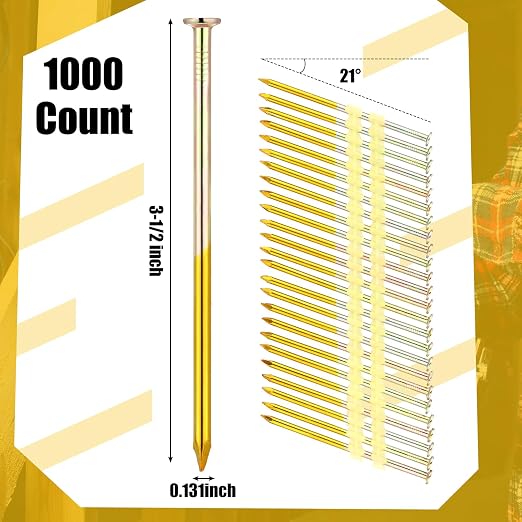 Pasimy 1000 Per Box 3-1/2 x 0.131 Inch Framing Nails 21 EG Degree Smooth Shank Plastic Collated Galvanized Full Round Head Framing Nails