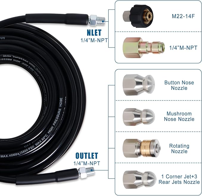 200FT Sewer Jetter Kit for Pressure Washer, 5800PSI Drain Cleaner Hose 1/4 Inch NPT Corner with 4 Sewer Jetting Nozzles，Waterproof Tape，Pearl Corsage Pin，Handle Strap & 2 Spanners (Black)