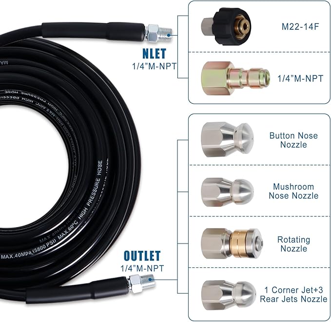 50FT Sewer Jetter Kit for Pressure Washer, 5800PSI Drain Cleaner Hose 1/4 Inch NPT Corner with 4 Sewer Jetting Nozzles，Waterproof Tape，Pearl Corsage Pin，Handle Strap & 2 Spanners (Black)
