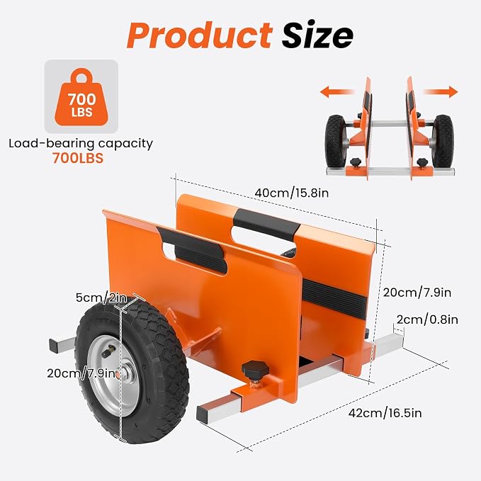 10" Panel Dolly 700LB Capacity Cart Heavy-Duty Drywall Cart, Pneumatic Wheels, Adjustable Frame for Drywall, Plywood, Doors | Indoor & Outdoor Use (Orange)