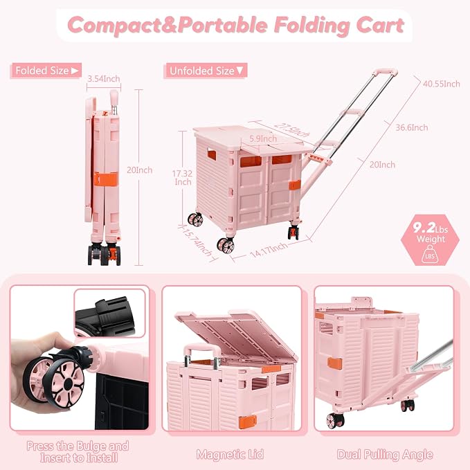 Foldable Utility Cart Rolling Crate Handcart Shopping Cart with Rotate Wheels Extended Magnetic Lid Telescoping Handle Adjustable Angle for Transports Groceries Office Teacher File(Pink)