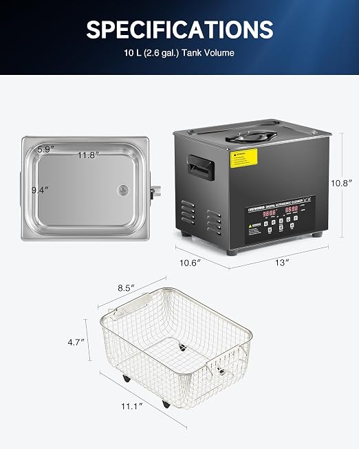 CREWORKS 10L Digital Ultrasonic Cleaning Machine with Degas and Gentle Mode, 240W Ultrasonic Cleaner Machine with Heater and Timer, 2.6 gal Ultrasound Cleaner for Retainer Watch Auto Tool Machine Part