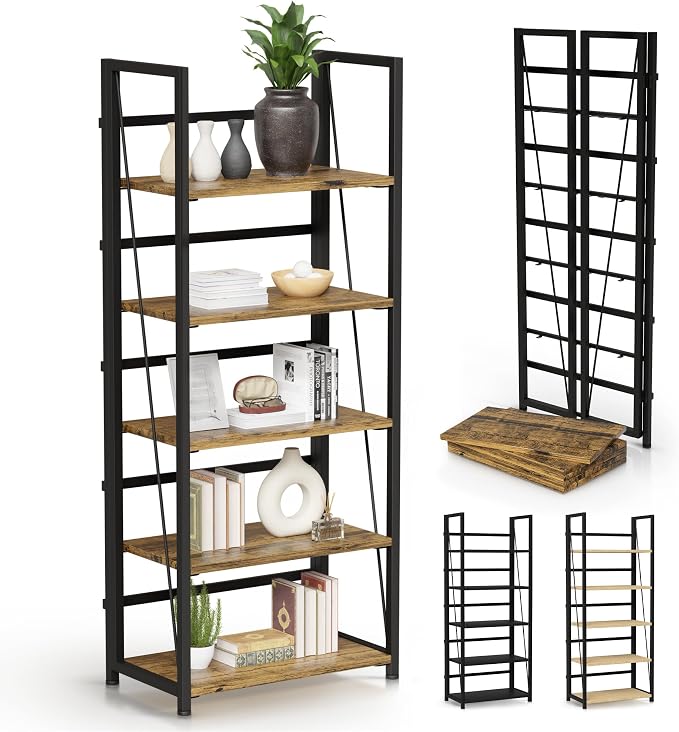 5 Tier Wood Book Shelf Organizer, No Assembly Bookshelf for Bedroom Living Room Office, Rustic Foldable Book Case, Tall Bookshelves, Open Book Shelves, Decorative Folding Shelf Display, Tall Bookcase