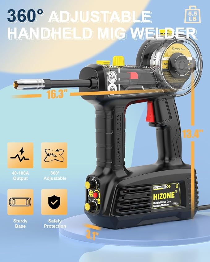 HIZONE 100A Hand Held MIG Welder, 2026 Newest 110V Portable Flux Core Welder with 360° Mig Torch, Gasless Handheld MIG Welding Machine for Home & DIY Projects