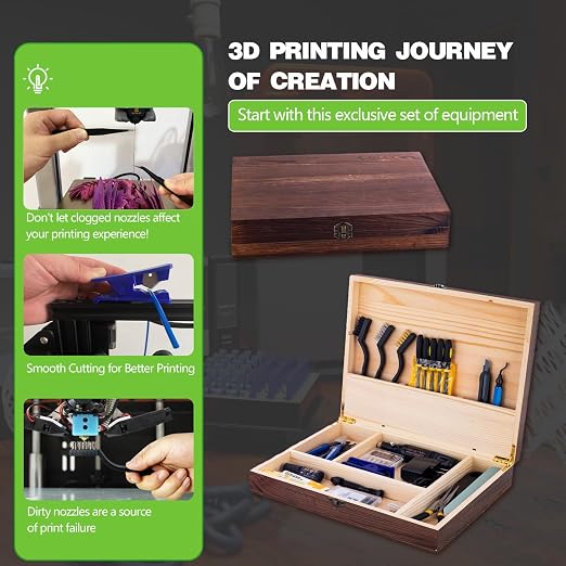 3D Printing Tool Kit with Storage Wooden Boxes, 3D Printer Accessories - Deburring Tool, 3D Printer Removing Scrapers,Trimming Tools,Smoothing Tools, Hand Drill for Bambu Lab, Ender 3, Kobra, etc.