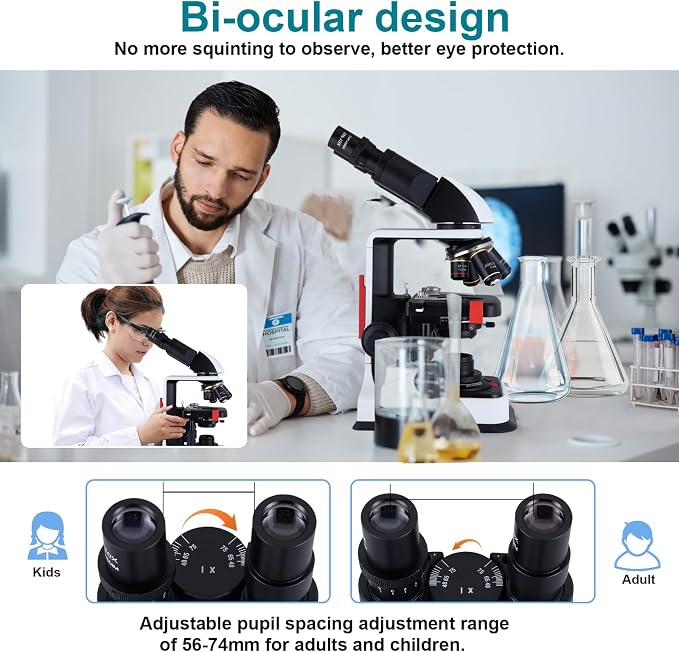 Herwicm 40X-2500X Microscope Laboratory Microscope for Adults with LED, Double 3D Mechanical Stage, Abbe Spotting Scope for Students Children Adults Laboratory Education Science Doppelt Tisch