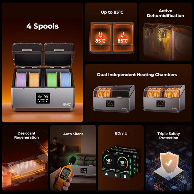 Creality Space Pi X4 Filament Dryer Box, New Upgrade 4-Spool 3D Printer Filament Storage with Dual Heating Chambers, 200W Fast Heating Up to 85℃, for PLA, PETG, ABS, TPU, Nylon, PC