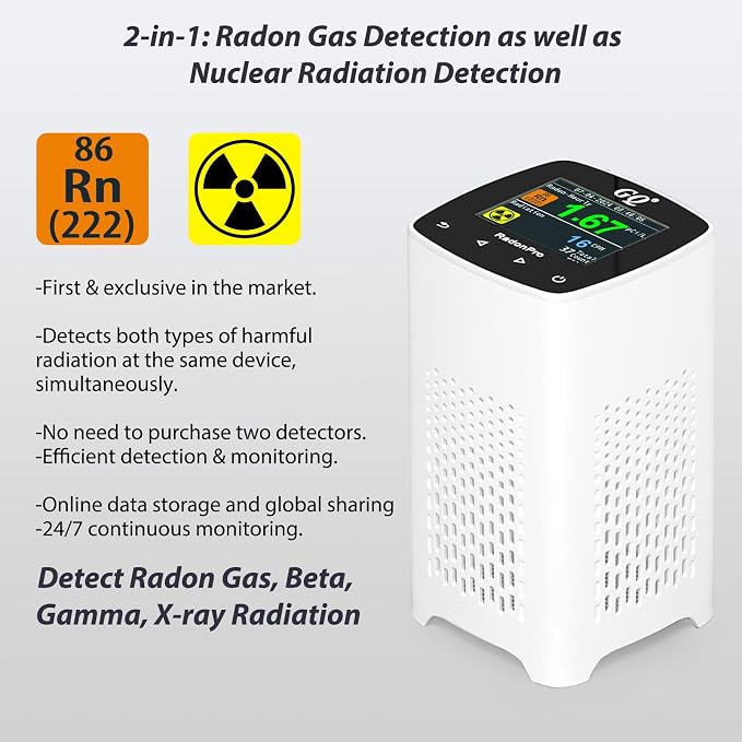 GQ Radon Detector New Version V2.0 Radon Pro 2-in-1 Radon Monitor Nuclear Radiation Detector Geiger Counter simultaneously Detection Fast Accurate Color Simple Display Made in USA