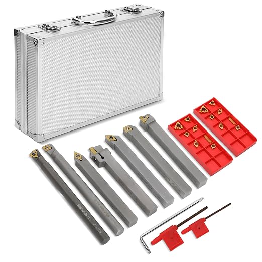 Indexable Lathe Turning Tool 21Pcs Kit 3/8'' 10mm Shank 7Pcs Metal Lathe Tools Holder Set & 14Pcs Turning Inserts for Turning Grooving Threading Boring, Lathe Tooling Ideal as Gift with Aluminum Box