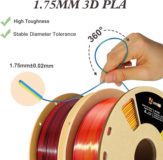 LOVOON Silk PLA 3D Printer Filament Bundle 2 KG, PLA Filament 1.75mm, Shiny Silk Blue/Yellow/Red and Silk Black/Red, Color Changing 3D Printer PLA Filaments, 1KG X 2 Spools