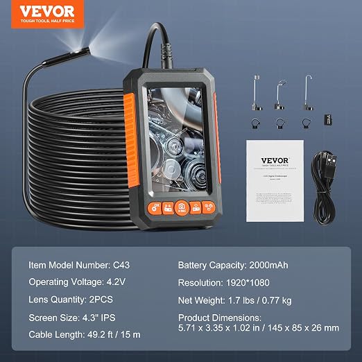 VEVOR Endoscope Camera with Light, Dual Lens Borescope with 49.2FT Semi-Rigid Cable, 4.3" Screen 1080P Inspection Camera, 8 + 1 LED Lights, 4X Zoom, IP67 Waterproof Snake Camera for Auto, Plumbing