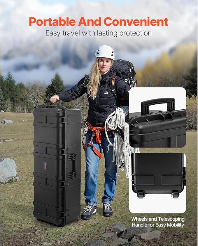 VEVOR Weatherproof Hard Case, Heavy Duty Protective Dry Box Case with Pre-Cut Foam Retractable Pull Handles for Travel, Hunt, Military, Tactical, IP67 Waterproof, for Cameras(44.09 * 15.94 * 13.46)
