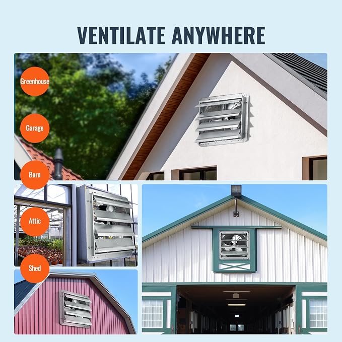 VEVOR Shutter Exhaust Fan, 16'' with Various Speeds, AC-motor, 2000 CFM, Wall Mount Attic Fan, Ventilation and Cooling for Greenhouses, Garages, Sheds, FCC