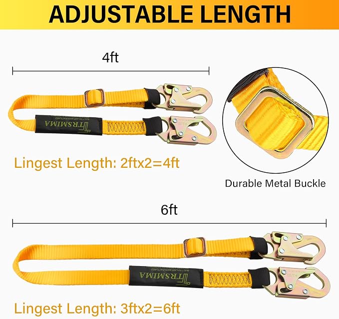 TRSMIMA Fall protection Safety Lanyard - 4ft to 6ft Adust Fall protection Webbing Belt Roof Strap Double Rebar Hook