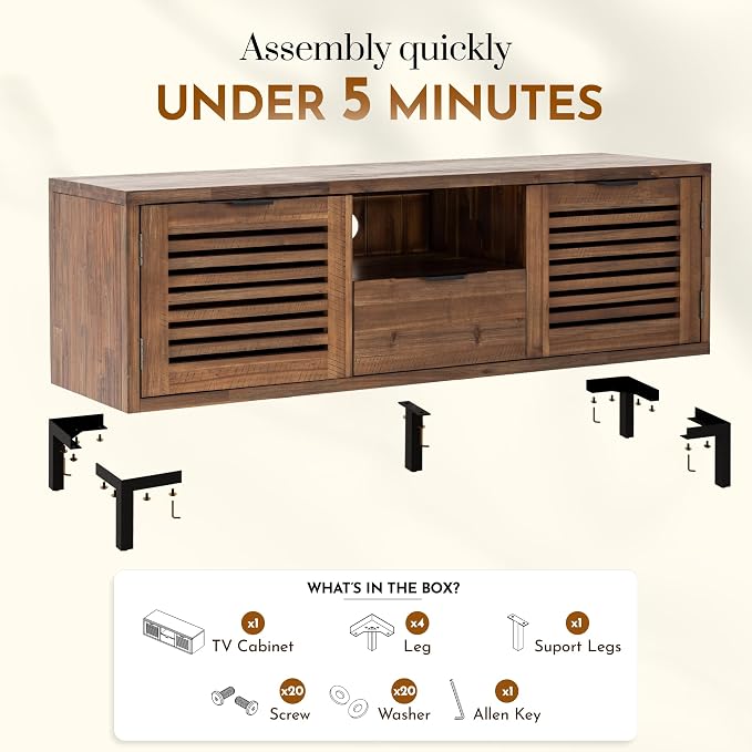 Bme Millie Solid Wood TV Stand for TVs up to 65 Inches, Modern Farmhouse TV Stand with Rustic Charm, TV Stands for Living Room, Chestnut