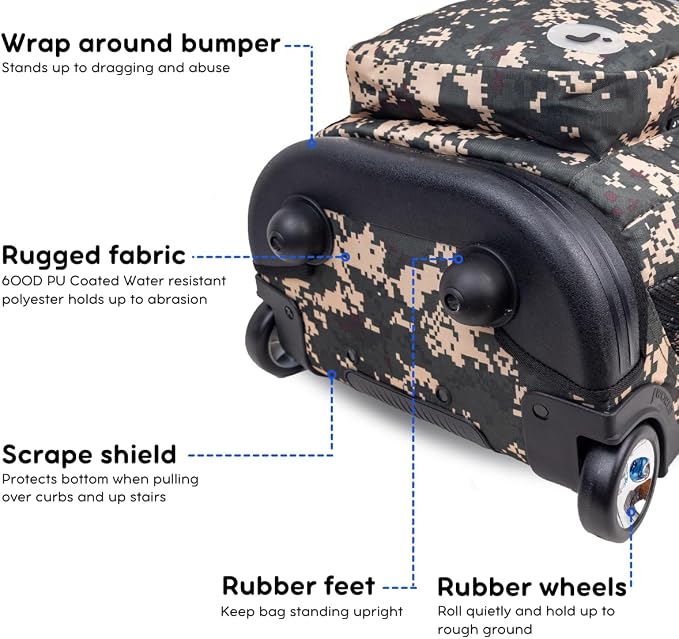 J World Sundance Laptop Rolling Backpack for Girls Boys. Roller Bookbag with Wheels, 20 Inch, Green Camo