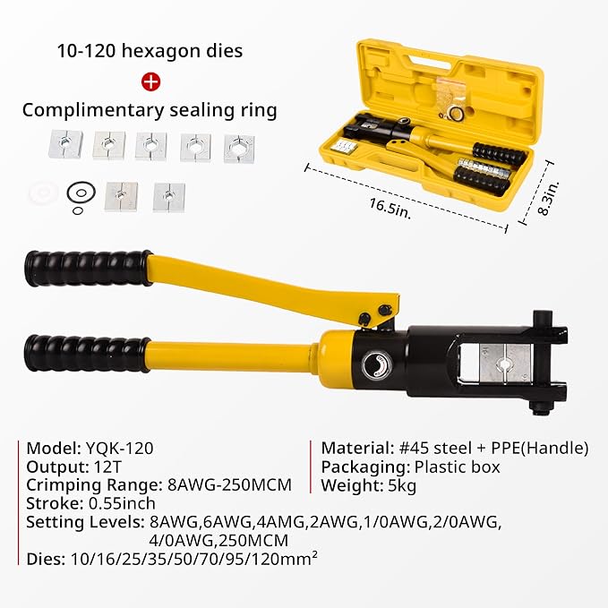 12T Hydraulic Crimping Tool 8AWG-250MCM Battery Cable Crimping Tool 0.55 inch Stroke Hydraulic Lug Crimper Electrical Terminal Crimper with 8 Pairs of Die Sets
