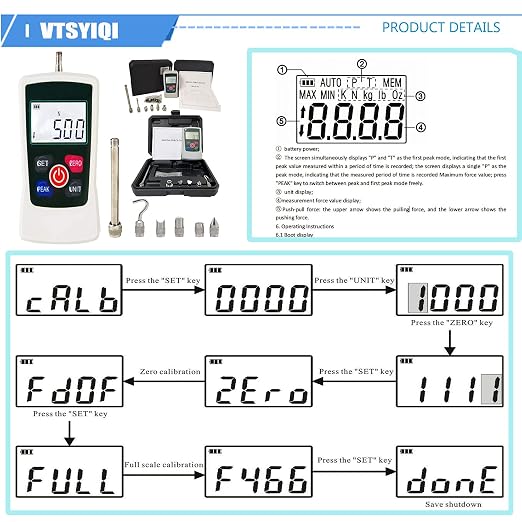 Force Gauge 500N Digital Force Gauge Push and Pull Tester Meter Dynamometer with 500N 50Kgf 110Lbf 1800Oz for Lab Force Test Destructive Test