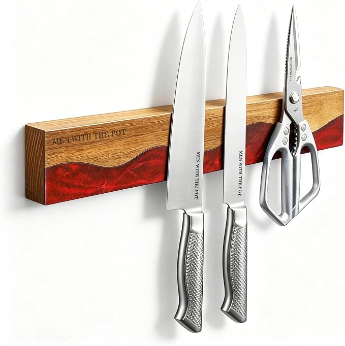 MEN WITH THE POT Magnetic Knife Strips, 16 Inch Magnetic Knife Holder for Fridge Wall, Acacia Wood & Red Resin Knife Magnetic Strip Use as Knife Bar, Knife Holder for Kitchen Utensil Organizer