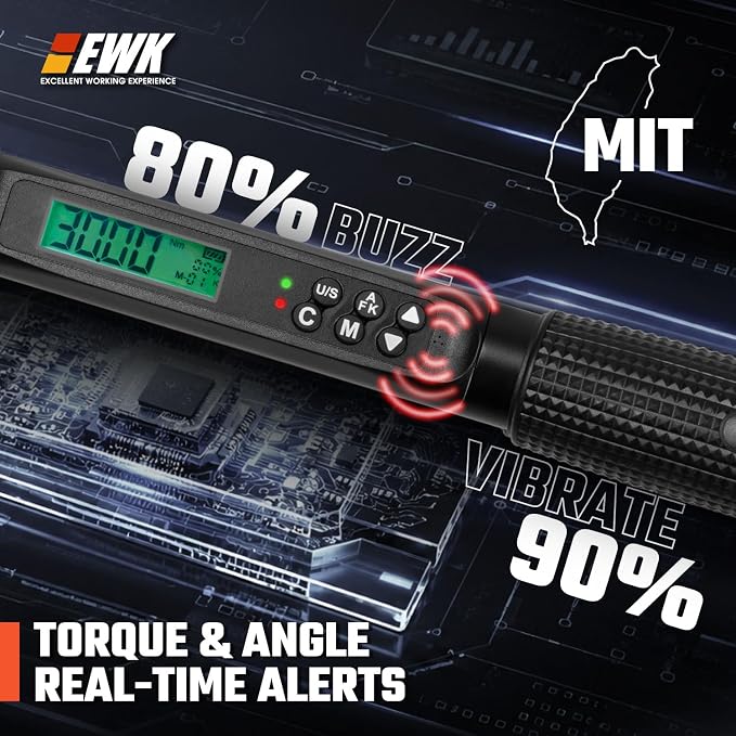 EWK 1/4" Drive Digital Angle Torque Wrench 1.1-22.1 ft-lbs (1.5-30 Nm) | ±1.5% clockwise / ±2.5% counterclockwise and angle accuracy of ±2%, LCD Display, LED Buzzer Vibration Alert, 30 Memory Values
