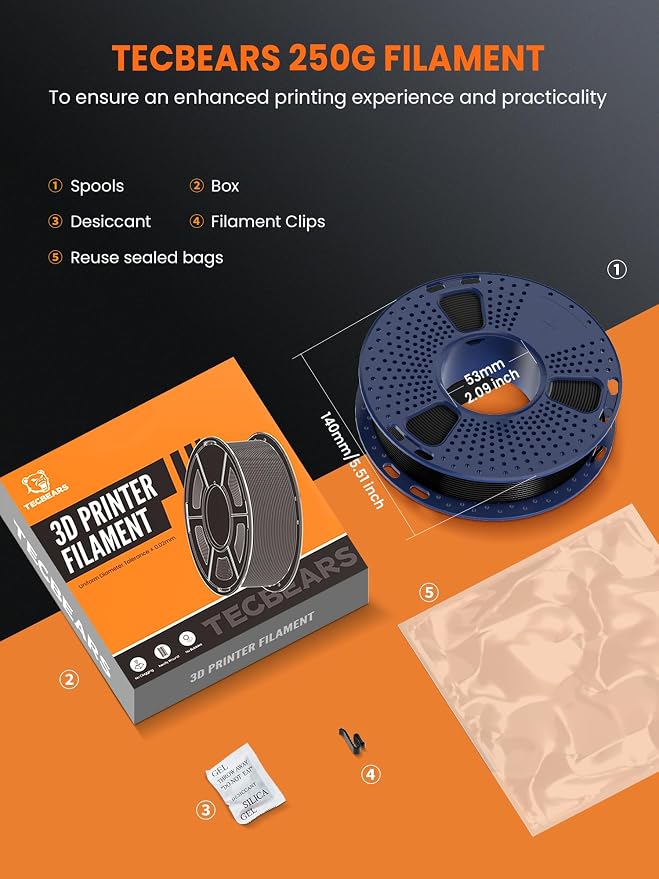 TECBEARS Wood PLA Filament Bundle for Most 3D Printers | Natural Matte Texture PLA, 250g Spool, 4 Rolls, 1kg Total, Individually Vacuum Packed, Walnut+Logs+Cherry+Maple
