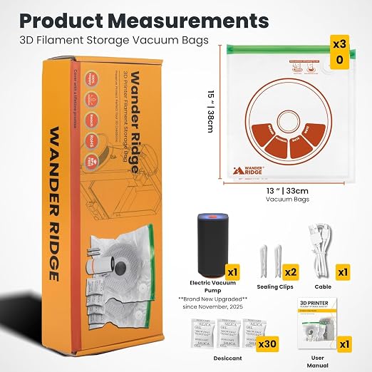 3D Printer Filament Storage Bags Vacuum Kit, 30 Vacuum Bags (13x15 in) with Auto Pump, 30 Desiccants & 2 Clips, Airtight Filament Storage for PLA ABS TPU, Dustproof Moisture Resistant