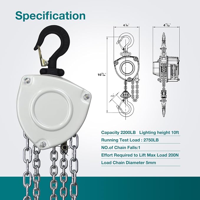 TOYO Chain Hoist 1100Lb,10ft Manual Chain Block Hoist 0.5ton Chain Fall 3M Come Along Hand Chain Hoist 2 Heavy Duty Hooks Industrial Grade Steel for Warehouse Automotive Construction Building