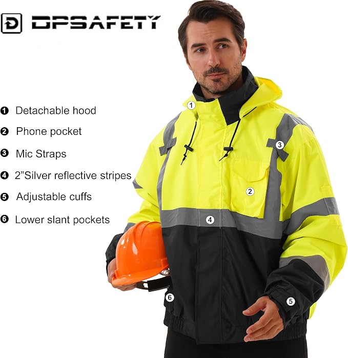 3 in 1 Safety jacket,Reflective high Visibility Hooded jacket,Hi Vis Bomber Jacket shell and fleece lining,Waterproof,ANSI Class 3 Black Bottom Lime,3XL