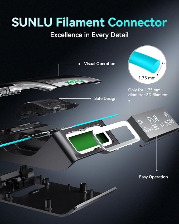 SUNLU Official Filament Connector, Fast Heating Filament Splicer for 3D Printer Filament 1.75mm, Up to 240°C, Compatible with PLA PETG TPU ABS PA Nylon, Easy to Use, Pack with 200PCS PTFE Sleeve