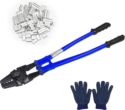 24 Inch Hand Crimping Cutting Tool, Wire Rope Crimping Tool, Hand Swager Crimper Cutter for 1/16" 3/32" 1/8" 5/32" 3/16" Wires, Hand Swager Tool with 50pc Aluminum Stop Sleeves Oval Sleeves