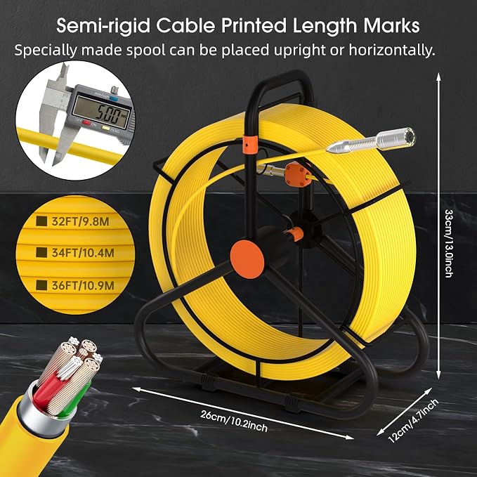 Drain Sewer Inspection Camera 150FT,JQKJCAM Waterproof 32GB DVR 17MM Sewer Drain Plumbing Camera Snake with Light,4.3'' IPS HD Screen,M/FT Mark,Portable Spool,3.5''Guide Wheel for Pipes (50m/165FT)