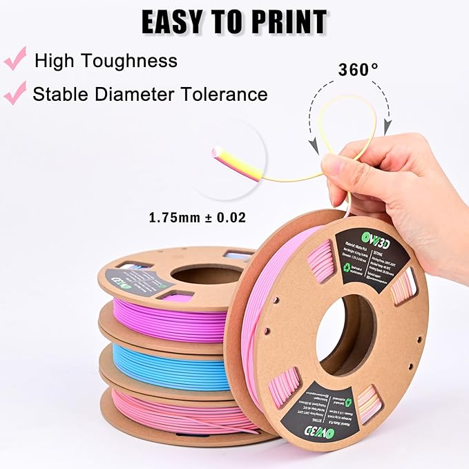 OVV3D Matte PLA 3D Printer Filament Bundle, Tri & Dual Color Filament 1.75mm Pack, Multi Color Change 3D Printing Filament for Most FDM 3D Printer, 4 Spools 200g Each