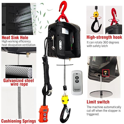Electric Hoist Winch 3 in 1,1100lbs Electric Hoist 110 Volt 1500W Portable Electric Winch with Remote Control/Manual/Cable,Chain Hoist Overload Protection 25ft Lifting Height for Towing&Copper Motor
