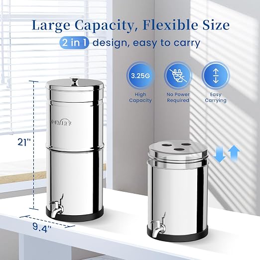 Gravity Water Filter System, 3.25G Stainless Steel Countertop System Water Purifier with Stand, Reduce 99% Chlorine for Home Camping Backpacking RVing, 3 Carbon Filters