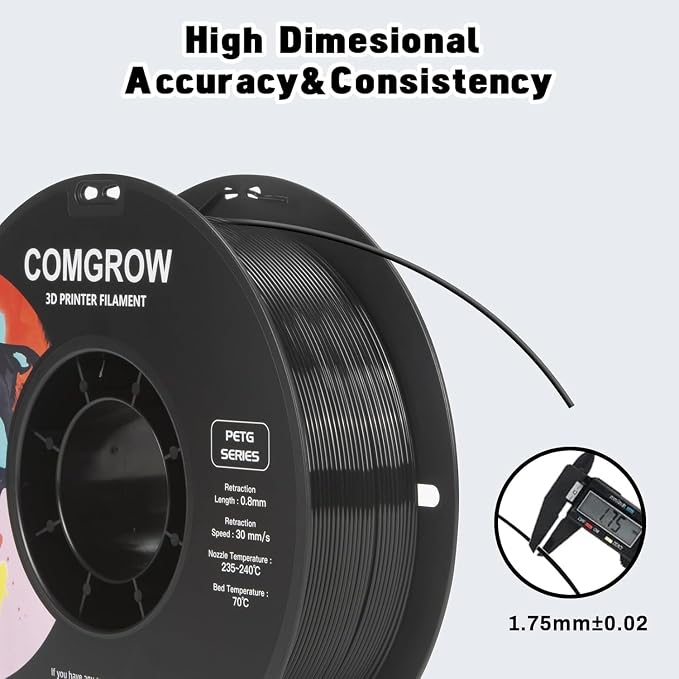 Comgrow PETG 3D Printer Filament 1.75mm, High Precision and Tough 3D Printer Filament 6 Rolls*1kg, Dimensional Accuracy +/- 0.02 mm, Fit Most 3D Printers 3pcs White+ 3pcs Black