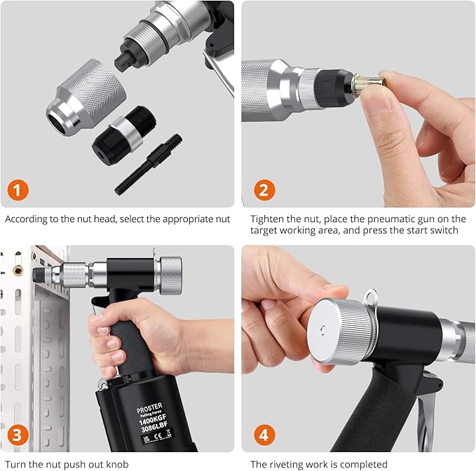 Proster Pneumatic Hydraulic Rivet Nut Set - 3086LBF Heavy-Duty Riveters Setting Kit for M4 M5 M6 M8 M10 1/4" 5/16" 3/8" Nuts with Storage Case (Black)