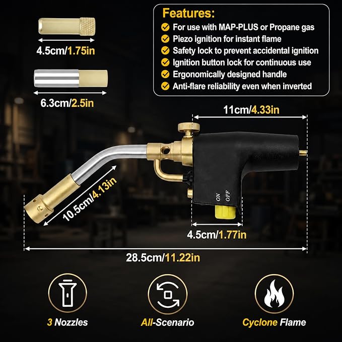 Wadoy Propane Torch Head Kit with 3 Nozzles, High Intensity Trigger-Start Soldering Torch Compatible with Bernzomaticc MAPP Propane for Soldering, Brazing, Welding, Map Gas Torch Head TS8000