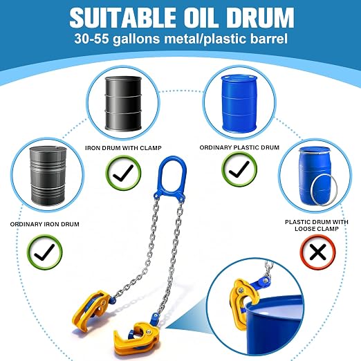 1-Ton Chain Drum Lifter 2200 lbs Vertical Drum Lifter with Self-Locking Hook Barrel Clamp for 55 Gallon Drum Lift Industrial Lifter for Chemical Construction & Port Applications