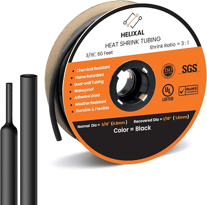 3/16" Heat Shrink tubing, 3:1 Ratio Wire Heat Shrink Tubing Industrial and Marine Grade, Dual Wall Adhesive Lined Wire Shrink Wrap Tubing, Waterproof Heat Shrink Tube - Black, 60 Feet Roll
