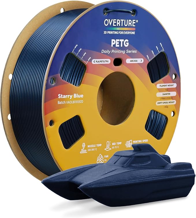 OVERTURE PETG 3D Printer Filament 1.75mm, Neatly Wound Durable PETG 1kg Spool (2.2lbs), Strong Toughness Filament, Dimensional Accuracy +/- 0.02mm, Fit Most FDM Printers (Starry Blue)