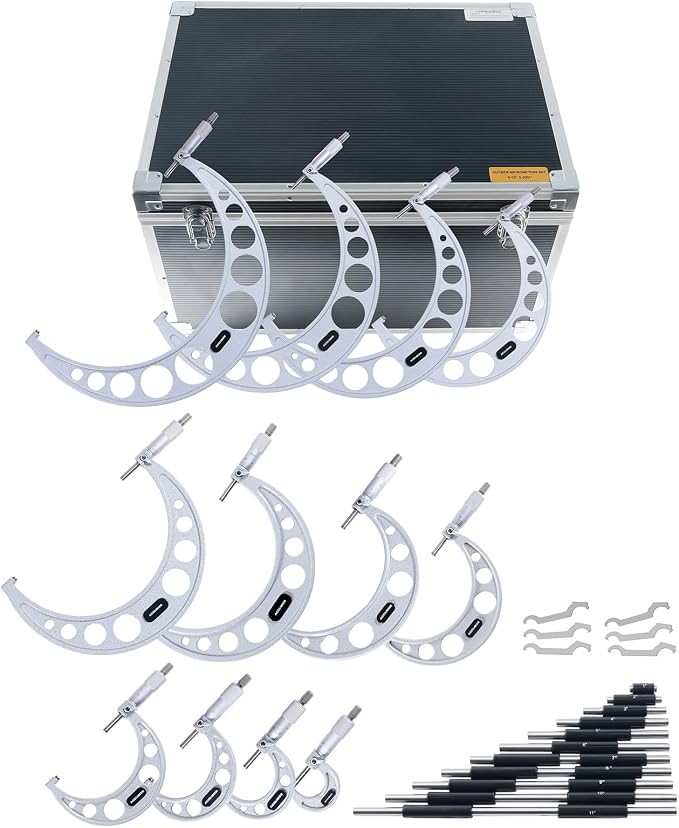 Accusize Industrial Tools 0-12'' by 0.0001'', 12 Pcs Ultra-Precision Outside Micrometers Set with Carbide Tips, Eg00-0912 | Carbide Tipped M-Type Micrometers With Ratchet, Lock Nut, Standards and Wrenches, Solid Case, EG00-0912