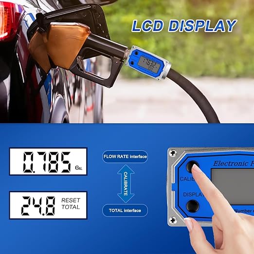 Flow Meter 1 Inche Digital Turbine Fuel Meter - Flowmeter Auto On & Off Industry Grade Aluminum Alloy - for Water, Diesel, Gasoline Supports Gallon, QTS, PTS, L, m³ (1 inch)