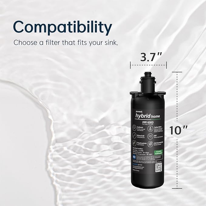 Pureal Under Sink Water Filter Replacement Cartridge, Full System NSF/ANSI 42&372 Certified, Removes PFAS, Lead, Chlorine, Bad Taste & Odor, 10,000 Gallons, 2-Year, 10-Inch, Made in Korea (PPF-1000)
