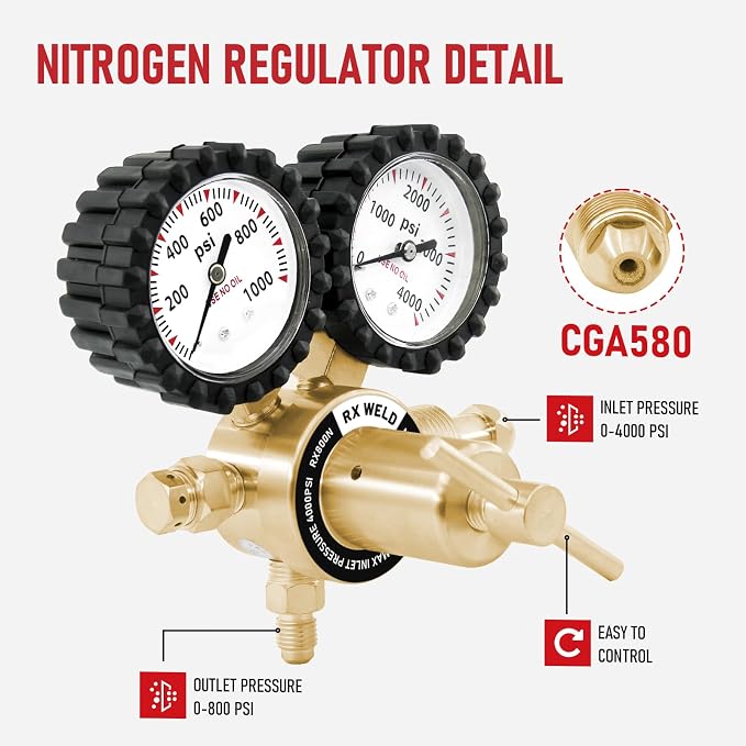 RX WELD Nitrogen Regulator, 0-1000 PSI, CGA580 Inlet, 1/4" Flare Outlet | 5FT Hose Included. Output: Adjustable 0-800PSI.
