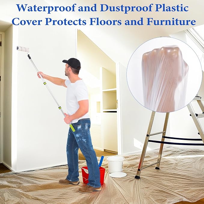 18 Inch Paint Roller Kit, 14 Pack Paint Roller Set with 2-4 Ft Extension Pole, Paint Tray Liners with Plastic Sheeting for Painting Walls Ceilings House Corner Stain