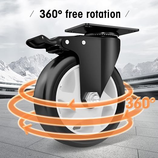 Casters, 5" Caster Wheels，Casters Set of 8 Heavy Duty - ASRINIEY Black Polyurethane Castors, Top Plate Swivel Wheels, 8-Pack Industrial Casters with Brake, Locking Casters for Furniture and Workbench