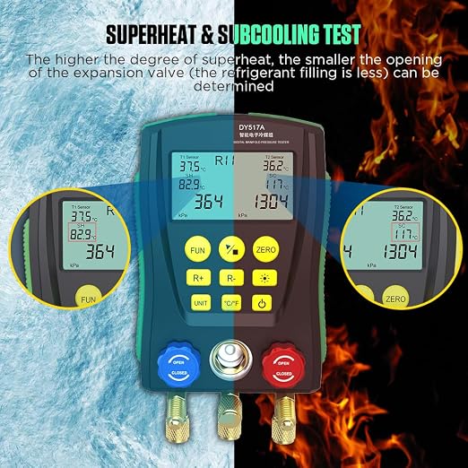 HVAC Gauges Digital Manifold Gauge Set Dual Pressure&Temp Test 89 Refrigerant Gauges R22 R134A R410A Refrigerant Recharge Kit HVAC Manifold Vacuum AC Gauge with Hoses for Air Conditioning/Refrigerator