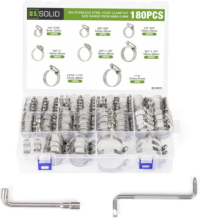 U.S. Solid Hose Clamp Assortment Kit, 180 PCS Stainless Steel Worm Gear Clamps, 1/4"–2" (6–51mm), Adjustable Hose Clamps for Automotive, Fuel Line, Plumbing, Radiator & Garden Use