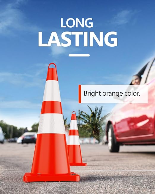 BATTIFE 10 Pack Traffic Safety Cones 28 Inches with Reflective Collars, PVC Orange Construction Cone for Traffic Control, Driveway Road Parking
